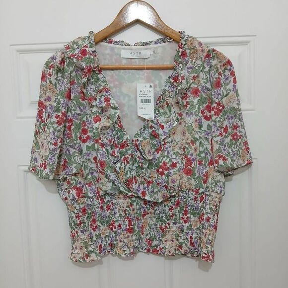 Astr womens large cropped green red smocked cross front ditsy Flora shirt top - Picture 2 of 8